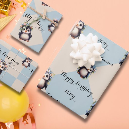 Feuille De Papier Cadeau Pingouins mignons pour fille Bilingue Joyeux anniv