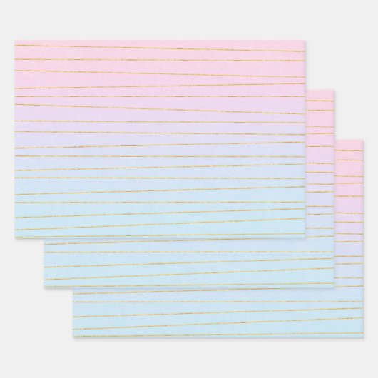 Feuille De Papier Cadeau Pink Blue Pastel dégradé avec Gold Lines (Lot)