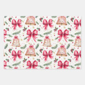 Feuille De Papier Cadeau Pink Bows Gold Bells Noël (Devant)