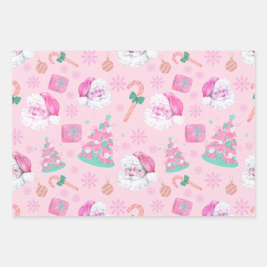 Feuille De Papier Cadeau Pink Christmas Santa Clau & Tree Seamless Pattern (Devant)