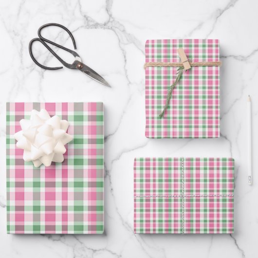 Feuille De Papier Cadeau Pink et vert preppy Plaid (Recto)