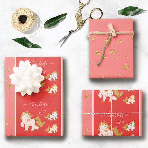 Feuille De Papier Cadeau Pink Glitter Ponies with First Name Little Girl