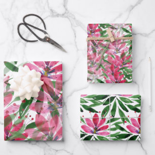 Feuille De Papier Cadeau Pink Green Floral Pattern Aquarelle Art
