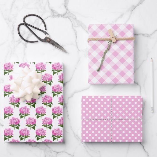 Feuille De Papier Cadeau Pink Hydrangea En vichy et Polka Dot Motif (Recto)