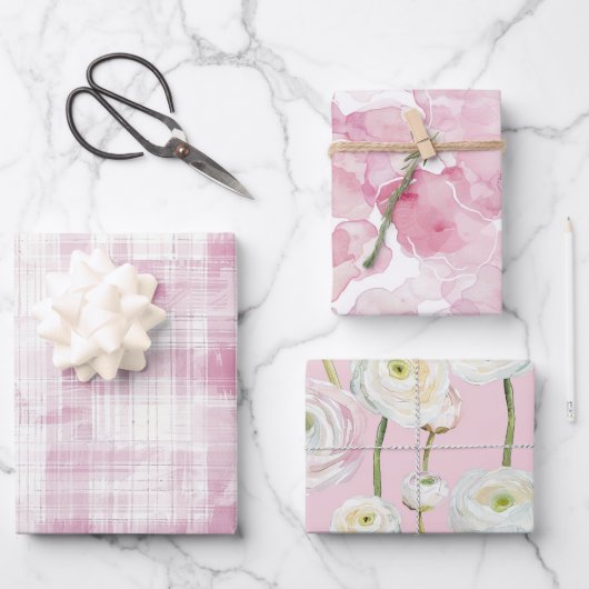 Feuille De Papier Cadeau Pink Plaid White Stripes Floral Abstrait Anniversa (Recto)