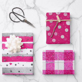 Feuille De Papier Cadeau Pink White Glitter Heart Checkered 