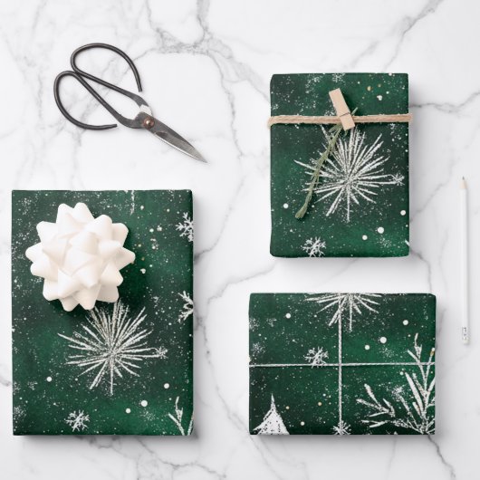 Feuille De Papier Cadeau Pins d'or Silver Snowflakes Hunter Green (Recto)