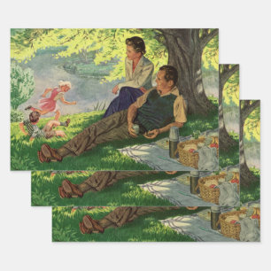 Feuille De Papier Cadeau Pique-nique familial vintage amusant sous un arbre