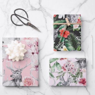 Feuille De Papier Cadeau Pivoines florales gris léopard rose noir de cerf