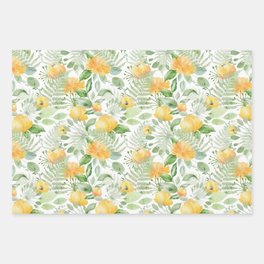 Feuille De Papier Cadeau Pivoines jaunes et fougères vertes pour mariage (Devant 3)