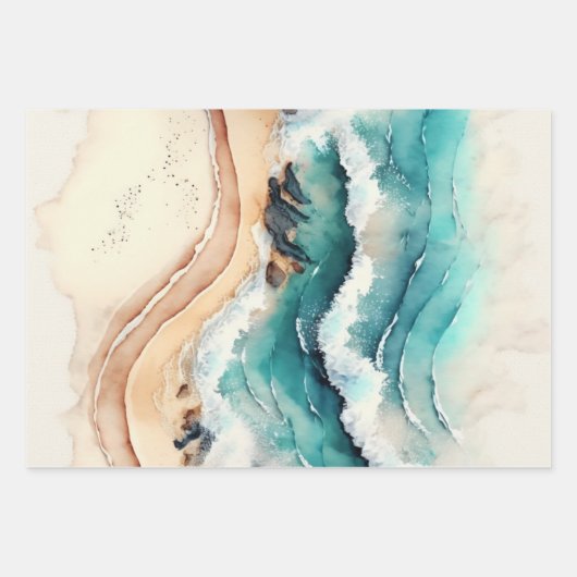 Feuille De Papier Cadeau Plage de sable bleu océan vagues aquarelle chic (Devant 3)