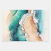 Feuille De Papier Cadeau Plage de sable bleu océan vagues aquarelle chic (Devant 2)