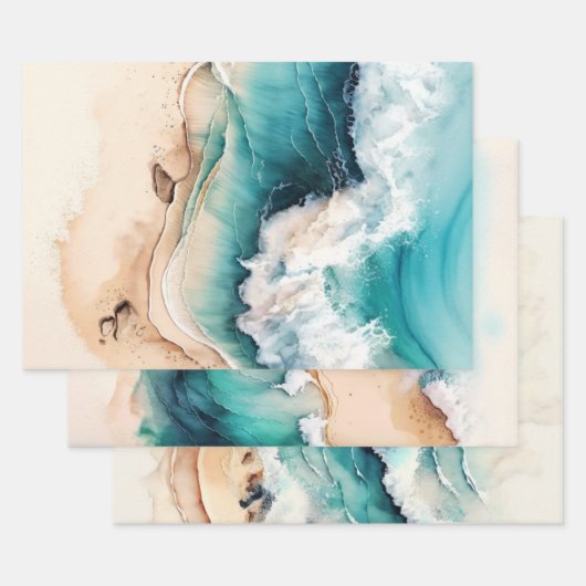 Feuille De Papier Cadeau Plage de sable bleu océan vagues aquarelle chic (Lot)