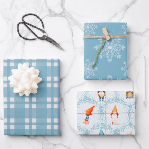 Feuille De Papier Cadeau Plaid bleu de Noël moderne, flocons de neige & Gno