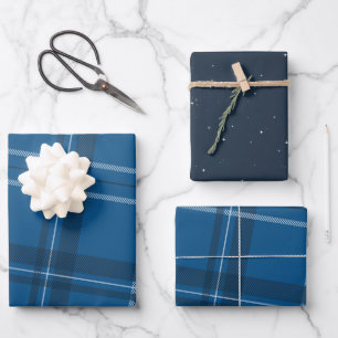 Feuille De Papier Cadeau Plaid bleu et étoiles classique