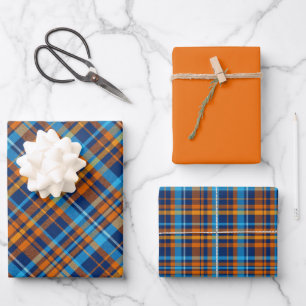 Feuille De Papier Cadeau Plaid bleu foncé, orange et bleu ciel