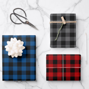 Feuille De Papier Cadeau Plaid bleu gris et rouge buffle