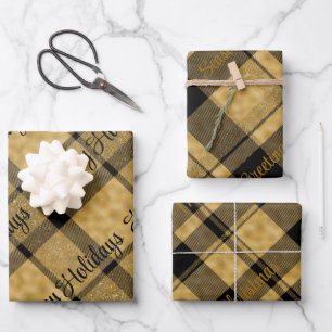 Feuille De Papier Cadeau Plaid en or et noir avec texte de Noël