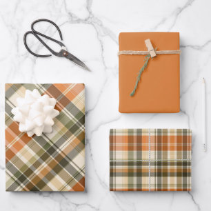 Feuille De Papier Cadeau Plaid orange, vert et crème