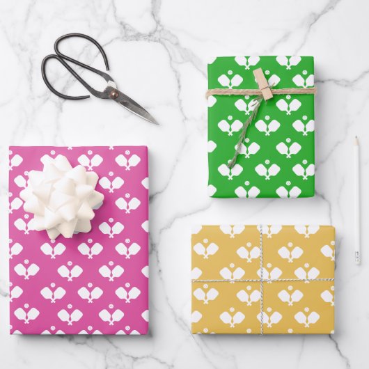 Feuille De Papier Cadeau Plaisir Pickleball Paddle et Ball rose vert jaune (Recto)
