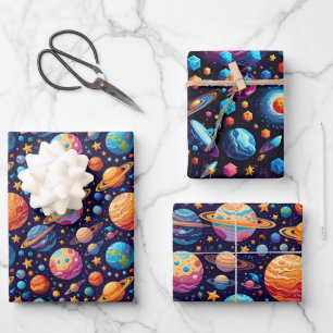 Feuille De Papier Cadeau Planètes célestes et étoiles