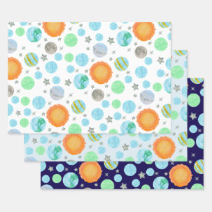 Feuille De Papier Cadeau Planètes et soleils bleu premier voyage