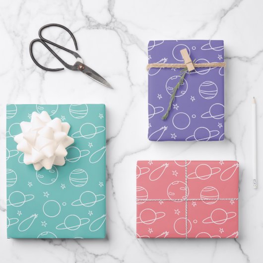 Feuille De Papier Cadeau Planètes spatiales Turquoise Rose Violet Blanc (Recto)