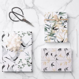 Feuille De Papier Cadeau Plantes d'aquarelle des grues japonaises