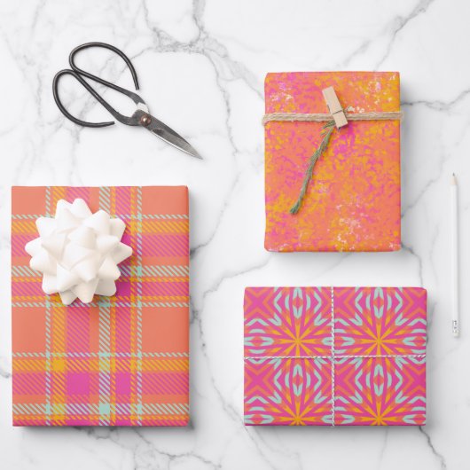 Feuille De Papier Cadeau Plaqué chaud rose rétro avec orange et bleu (Recto)