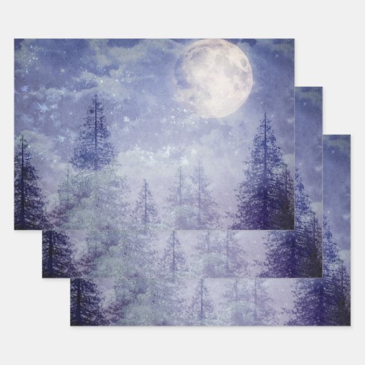 Feuille De Papier Cadeau Pleine lune Forêt de pins d'hiver (Lot)