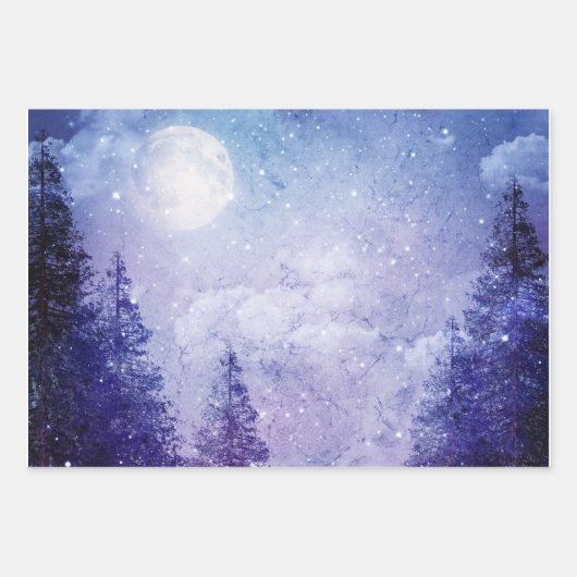 Feuille De Papier Cadeau Pleine lune Forêt violette d'hiver (Devant)