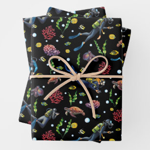 Feuille De Papier Cadeau Plongeurs en scaphandre sous le corail océanique p