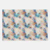 Feuille De Papier Cadeau Plumes Peacock Or Aqua Blanc (Devant)