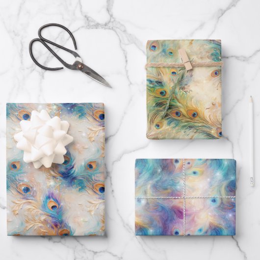 Feuille De Papier Cadeau Plumes Peacock Or Aqua Blanc (Recto)