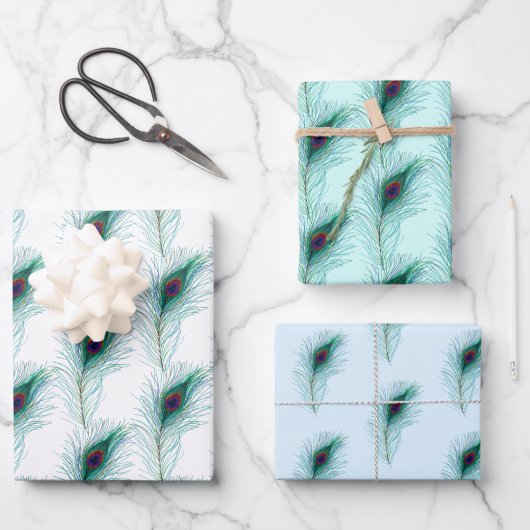 Feuille De Papier Cadeau Plumes Peacock Turquoise, Bleue et Violette (Recto)