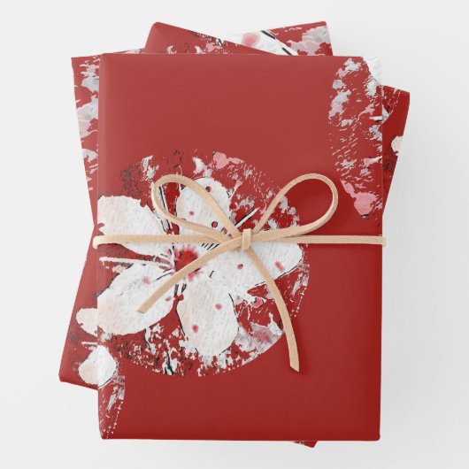 Feuille De Papier Cadeau Poésie cerise en fleurs rouge blanc élégant sakura (En situation)