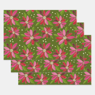 Feuille De Papier Cadeau Poinsettia cadeau vert emballage 3 pack