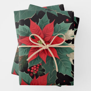 Feuille De Papier Cadeau Poinsettia de Noël, Baies rouges, Branches de sapi