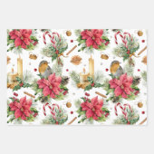 Feuille De Papier Cadeau Poinsettia, robin, cloches, bougies, mûre rouge (Devant 2)