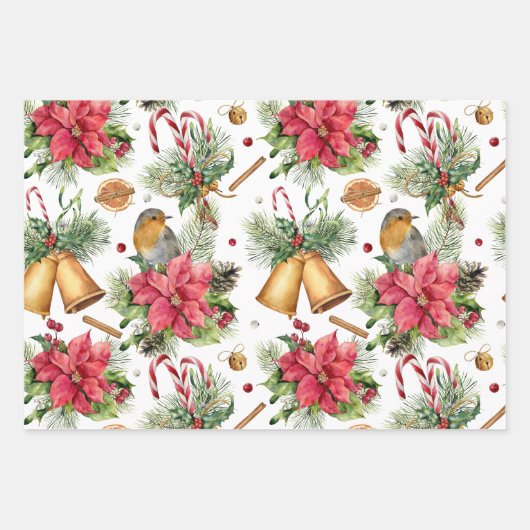 Feuille De Papier Cadeau Poinsettia, robin, cloches, bougies, mûre rouge (Devant)