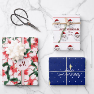 Feuille De Papier Cadeau Poinsettia Santa Claus Star de Bethléem Noël