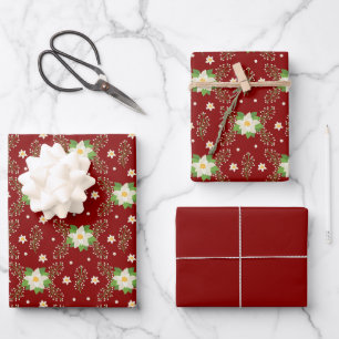 Feuille De Papier Cadeau Poinsettias blanches sur Arrière - plan rouge