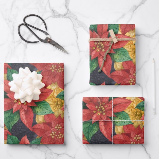 Feuille De Papier Cadeau Poinsettias de Noël (Recto)
