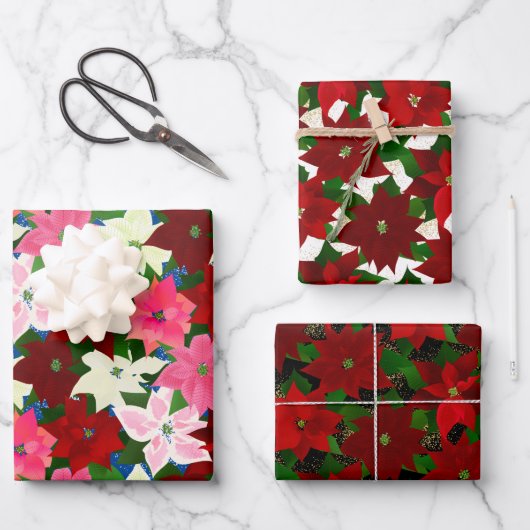 Feuille De Papier Cadeau Poinsettias de Noël mixtes (Recto)