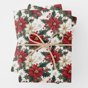 Feuille De Papier Cadeau Poinsettias et verdure élégants