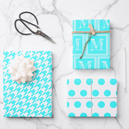 Feuille De Papier Cadeau Point Polka de Monogramme Turquoise Houndstooth (Recto)