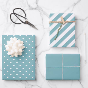 Feuille De Papier Cadeau Pointe et bande Polka bleu et blanc Aqua