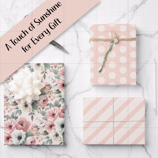 Feuille De Papier Cadeau Points blancs aquarelle rose rayé