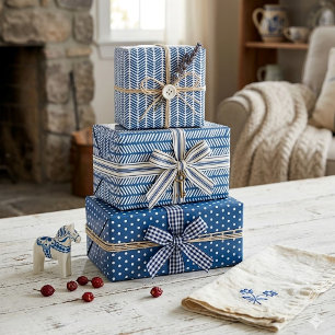 Feuille De Papier Cadeau Points Blancs Chevron Rayures Sur Bleu Français