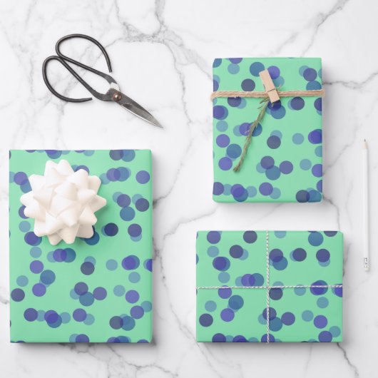 Feuille De Papier Cadeau points bleus, violets et turquoise clair (Recto)
